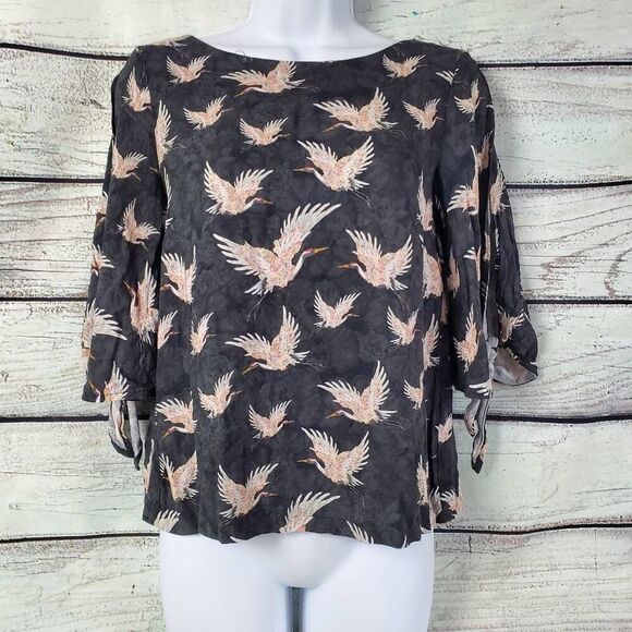 H&M Women's Crane Print Blouse Black Pink Bird Tie Sleeve Top US 2 Size 32 Visco - Picture 1 of 7